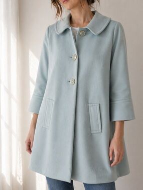 Carmen Marc Valvo Powder Blue Swing Coat Peter Pan Collar Medium Mod 60s